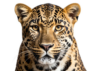 Close-Up of Leopard’s Face with Intense Gaze, Isolated on Transparent Background”