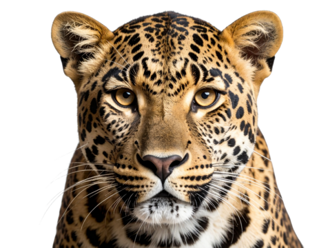 Close-Up of Leopard’s Face with Intense Gaze, Isolated on Transparent Background”