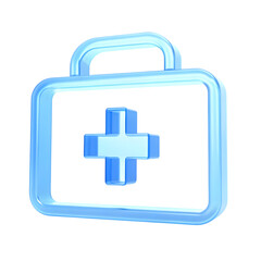 Obraz premium Glossy blue medical first aid kit icon with a white cross symbol isolated on transparent background