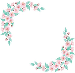 Watercolor illustration of pink cherry blossoms and turquoise leaves forming a decorative border.