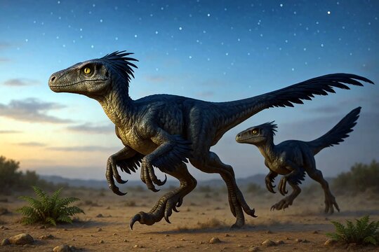 Feathered Velociraptor mongoliensis run across the Cretaceous wasteland. Their bodies are covered with poorly developed protofeathers, closer to the head, tail and forearm the protofeathers are alread