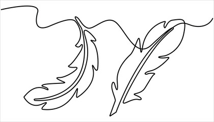 Continuous one line drawing of Bird feather Isolated on white background, Continuous Line Drawing of Feather Icon. Hand Drawn Symbol Vector Illustration. 
