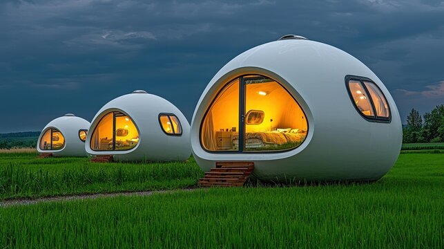 Futuristic Egg Shaped Cabins on Grassy Field at Twilight