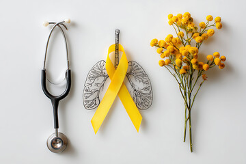 Lung health awareness is depicted through yellow ribbon, stethoscope, and wildflowers arranged artfully on a white surface.