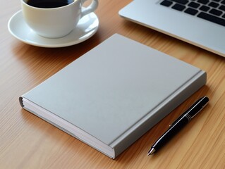 Elegant Workspace Setup with Notebook, Coffee, Pen, and Laptop on Wooden Desk