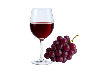 Glass of red wine with a bunch of red grapes on transparent background. Elegant composition symbolizing luxury, healthy drinks, wine production, and premium lifestyle,  advertise, clipping path
