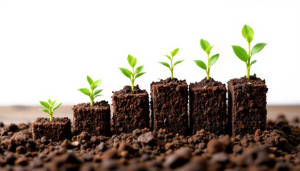line graph made of growing plants on stacked soil bars, green finance concept
