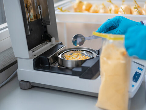 Laboratory technician in blue gloves analyzing yellow food sample using precision weighing equipment