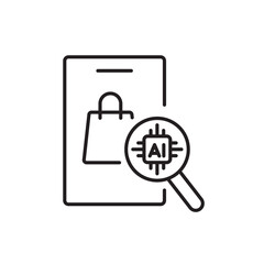 A vector icon of a magnifying glass over a product with AI chip, representing intelligent product search and discovery, created in line style with editable stroke