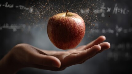A levitating apple resting gracefully above a human hand against a backdrop of mathematical equations and magical particles.