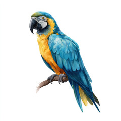 Fototapeta premium Blue and gold macaw parrot, perched watercolor illustration, vibrant tropical bird wall art