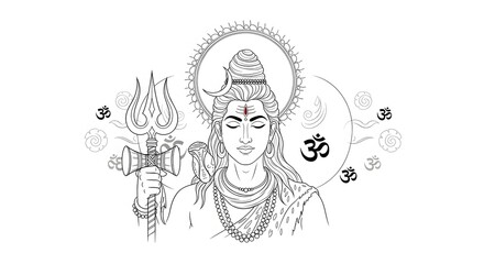 Serene Line Art Illustration of Shiva, Hindu Deity, Holding Trishul, Om Symbols, Peaceful Meditation Mood.
