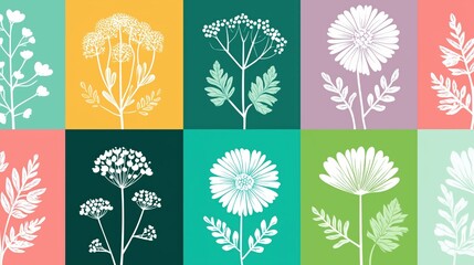 Colorful botanical illustration collage of wildflowers on modern geometric background for nature branding.