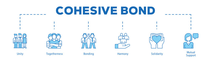Cohesive Bond infographic icon bluetone flow process which consists of Unity, Togetherness, Bonding, Harmony, Solidarity, Mutual Support.