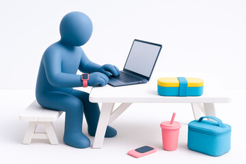 Digital nomad working remotely on laptop at small white table with colorful accessories and healthy snack, expressing focus and productivity in modern workspace