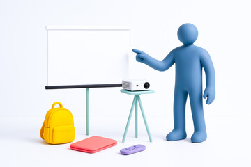 Blue humanoid figure points at blank presentation board in minimalistic setting with projector, backpack, and other accessories, illustrating remote work environment for digital nomads