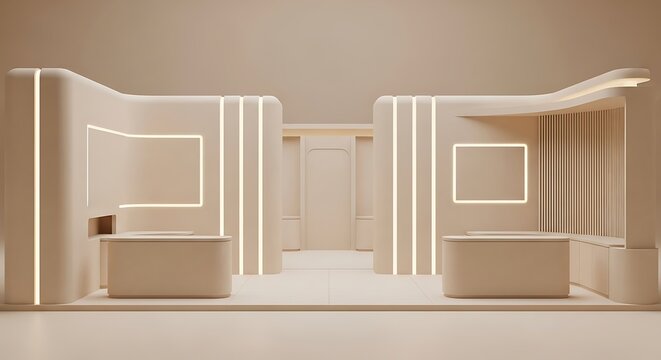 Minimalist Beige Reception Area with Subtle Curve and Linear Lighting