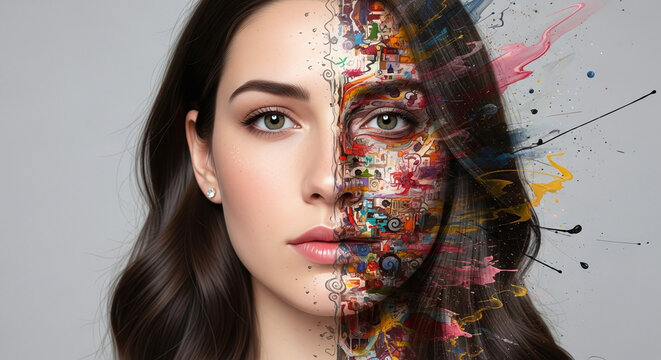 Half Artistic Face Portrait. Ai generation