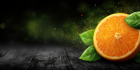 Juicy orange slice with green leaves on rustic dark wooden table with glowing citrus splash for food advertising.