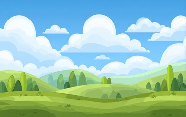 Fototapeta premium Cartoon landscape of rolling hills under a partly cloudy blue sky. Lush green grass and trees