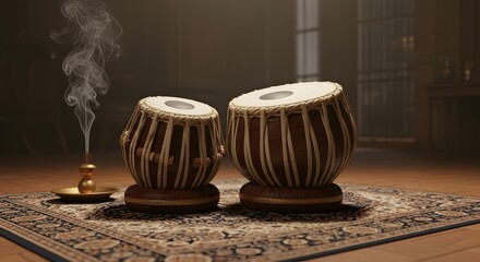 Tablas with Incense A serene setup featuring traditional Indian percussion instruments and aromatic incense creating cultural ambiance.