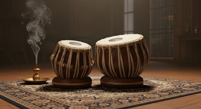 Tablas with Incense A serene setup featuring traditional Indian percussion instruments and aromatic incense creating cultural ambiance.