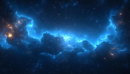 Glowing blue nebula formation against dark cosmic background with scattered stars and luminous gas clouds creating ethereal space atmosphere.