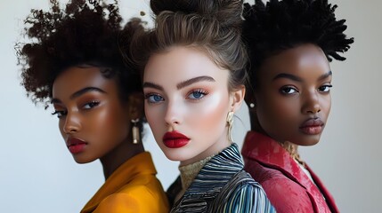 Three diverse fashion models with striking makeup and distinctive styles pose together against white background, showcasing modern beauty and inclusivity in cosmetics industry.