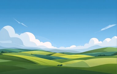 Vast, stylized landscape under a vibrant blue sky