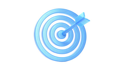 Blue 3d rendered dart hitting the bullseye of a target isolated on transparent background