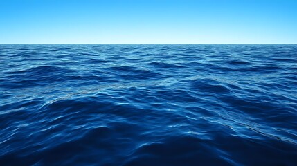 Obraz premium Tranquil deep blue ocean waves stretching to horizon under clear sky, natural seascape background showing endless water surface with gentle ripples.
