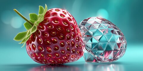 Glossy red strawberry and crystal heart with geometric facets on turquoise background for luxury concept.
