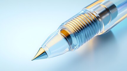 Naklejka premium Closeup of modern mechanical pencil tip with metallic gold and silver details against soft blue background, showcasing precision engineering and technical design.