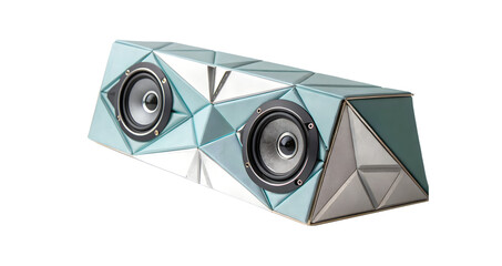 Modern geometric patterned portable bluetooth speaker with dual drivers isolated on transparent background