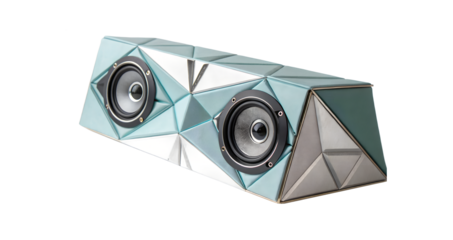 Modern geometric patterned portable bluetooth speaker with dual drivers isolated on transparent background
