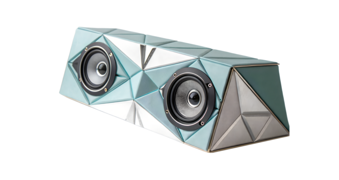 Modern geometric patterned portable bluetooth speaker with dual drivers isolated on transparent background