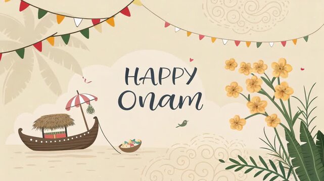 Happy Onam Festival Greeting Card with Boat and Flowers