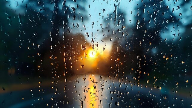 Dramatic sunset view through rain-covered window glass with water drops creating natural bokeh effect. Golden sun rays pierce through stormy weather.