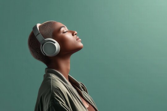 African female young adult with headphones relaxing against green background