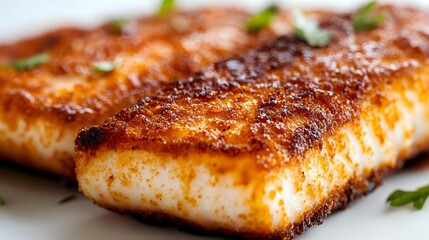 Grilled salmon fillet with crispy seared crust and caramelized surface, garnished with fresh herbs. Close-up macro shot showing flaky texture and golden-brown sear marks.
