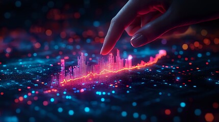 Glowing financial chart with hand gesture on dark background with red and blue bokeh lights, showing market analysis and trading visualization concept.