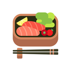 Traditional Bento Box with Grilled Salmon, Lemon Slice, and Fresh Greens