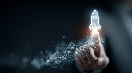 Digital hand launching futuristic rocket, representing technological advancement, startup success, innovation, and business growth with dark elegant background.