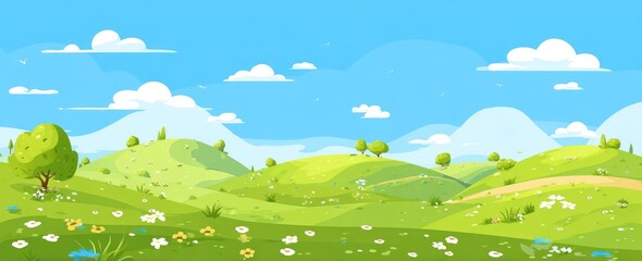Fototapeta premium Cartoon landscape of rolling hills, green meadows, and wildflowers under a clear blue sky