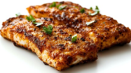 Grilled salmon fillets with crispy seasoned crust and fresh herbs garnish on white background, close up view showing flaky texture and caramelized surface.