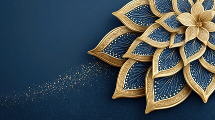 Elegant gold and blue mandala lotus flower with intricate 3D details and luxury design on dark background.
