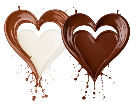 Set of Milk, White, and Dark Chocolate Heart Splashes with Dripping Detail – Isolated PNG (3) - Powered by Adobe