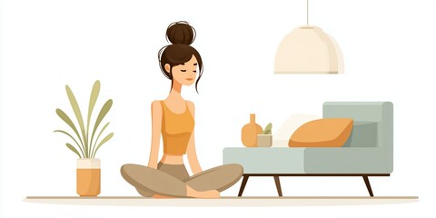 Illustration of woman meditating in cozy modern living room with plants and soft lighting for wellness concept.