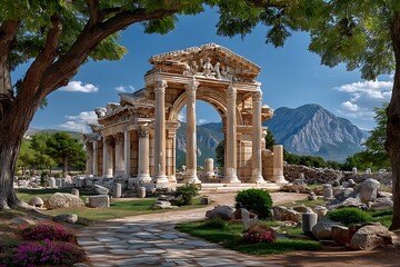 Fototapeta premium Ancient roman temple under mountain view high resolution picture