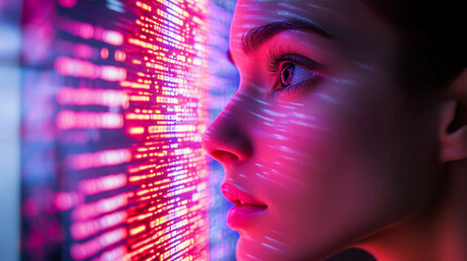 A woman looking at a screen displaying code with pink and blue lighting illuminating her face profile